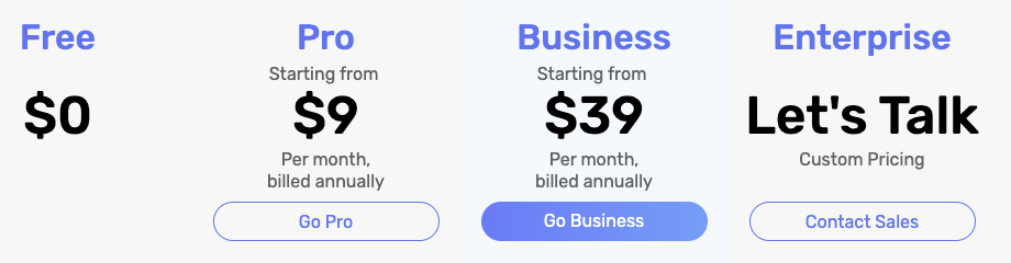 The VIsla plans: Free, Pro, Business, and Enterprise. 